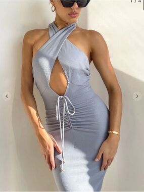 Light Gray blue Cross-Halter Bodycon Dress with Front Drawstring